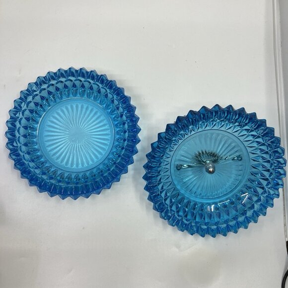 Indiana Glass Diamond Point Aqua Glass Powder Candy Dish With Lid Metal Handle - Picture 6 of 14